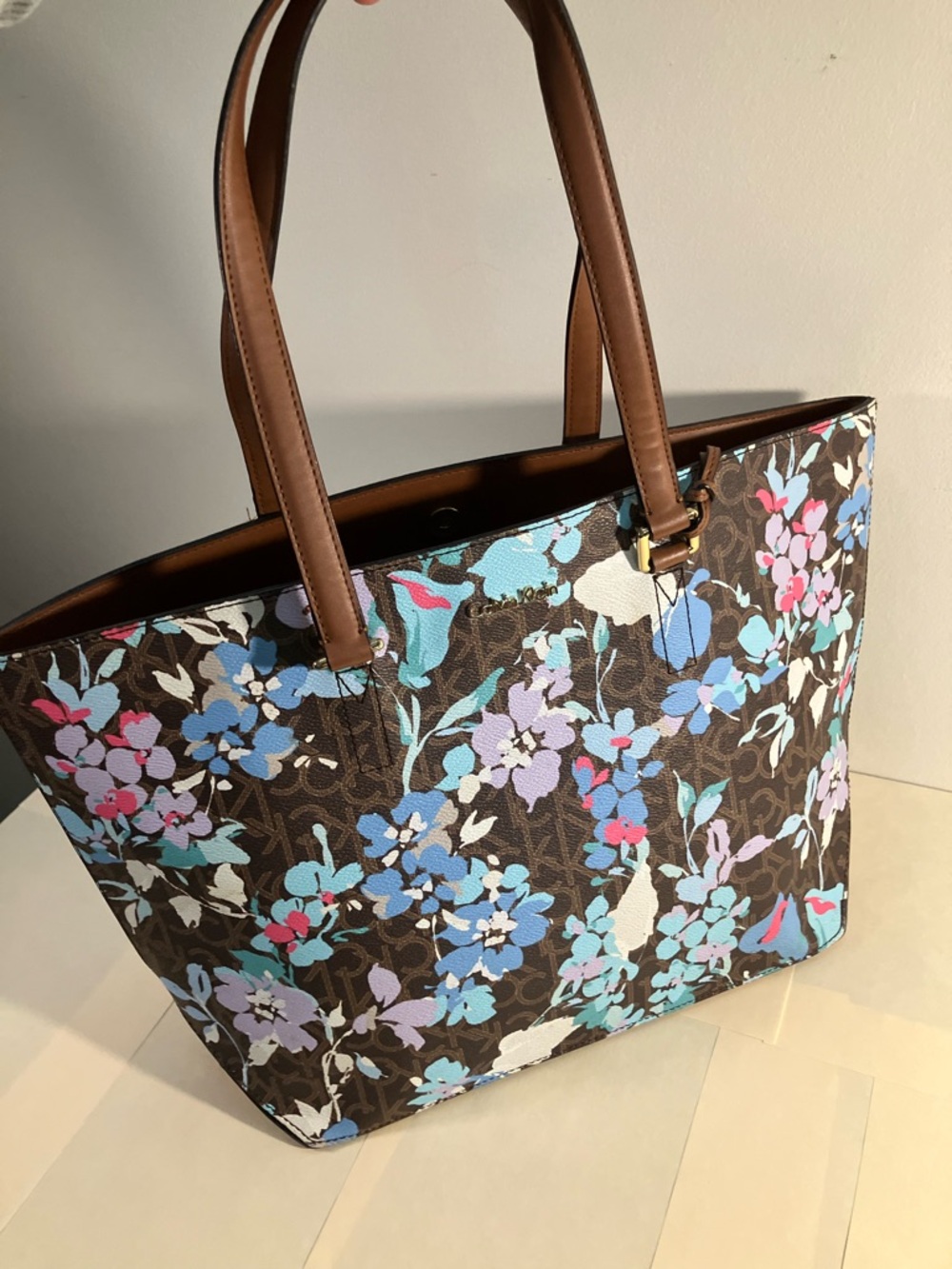 Calvin Klein Brown Floral Tote with Blue, Purple & Pink Accents - Picture 2 of 8